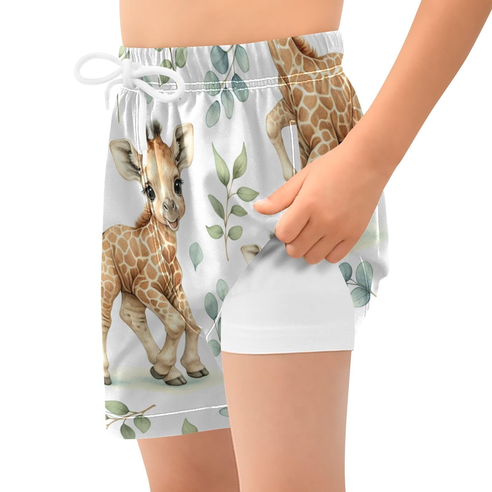 YANENDIE Boy Swim Trunks with Compression Liner Cute Small Giraffes Boys Swim Shorts Quick Dry Beach Shorts