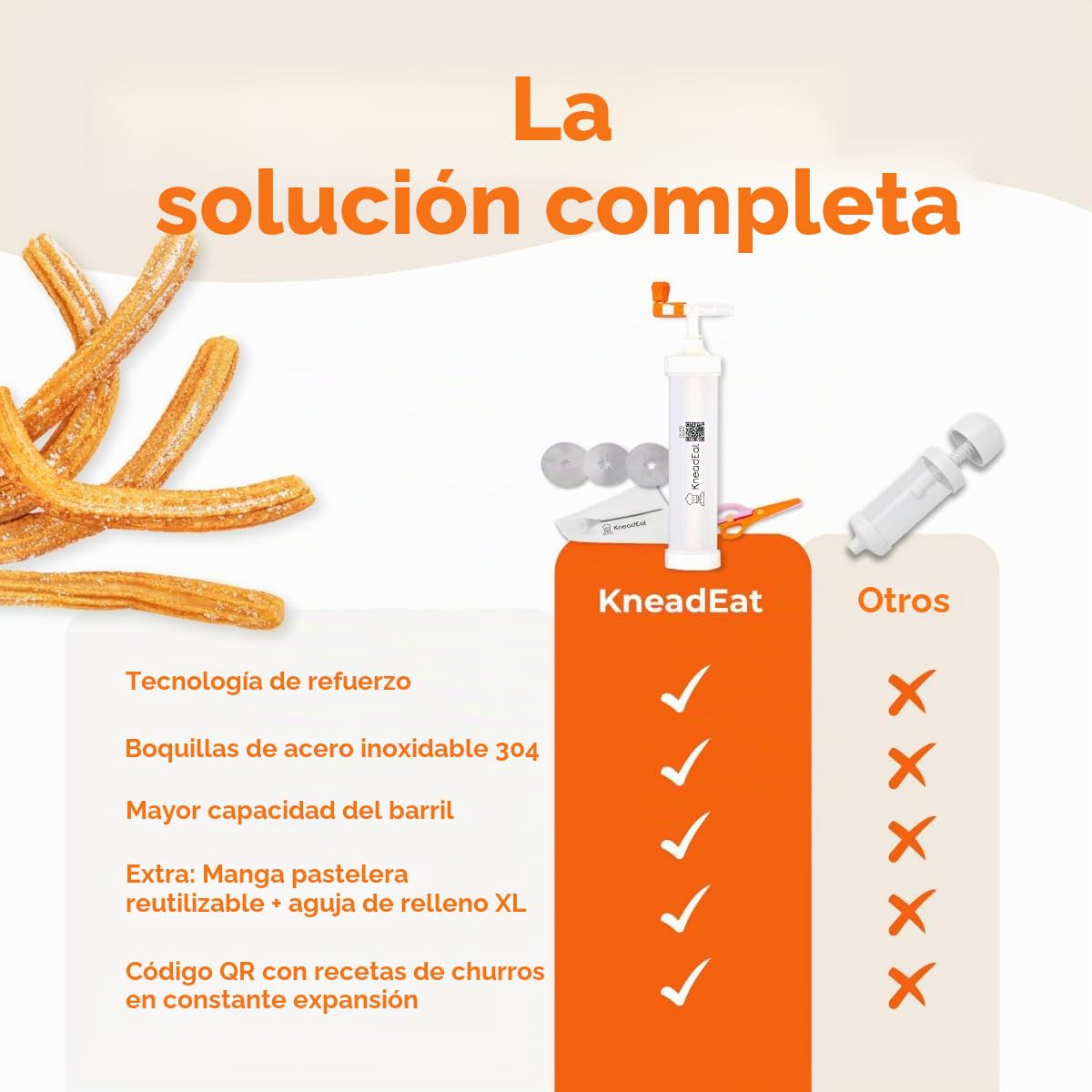 KneadEat Churro Maker - Kit de Churreera con mango impulsado por refuerzo - Bolsa de tuberías con aguja de relleno y receta QR para churros rellenos en casa y proyectos de horneado con niños - 3