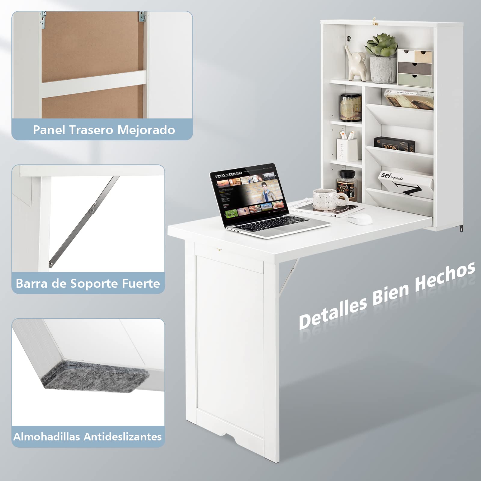COSTWAY Escritorio Plegable de Pared, Estantes Ajustables, Mesa Plegable Pared para Ordenadores Portátiles Que Ahorra Espacio, Mesa Plegable de Comedor 60 x 94,5X 151cm