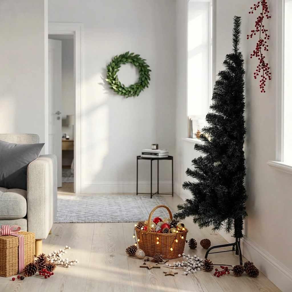 Árbol de Navidad artificial semicircular negro 150 cm con 340 ramas de PVC y soporte de acero estable semicircular para salón, oficina, interior y exterior, decoración festiva de Navidad