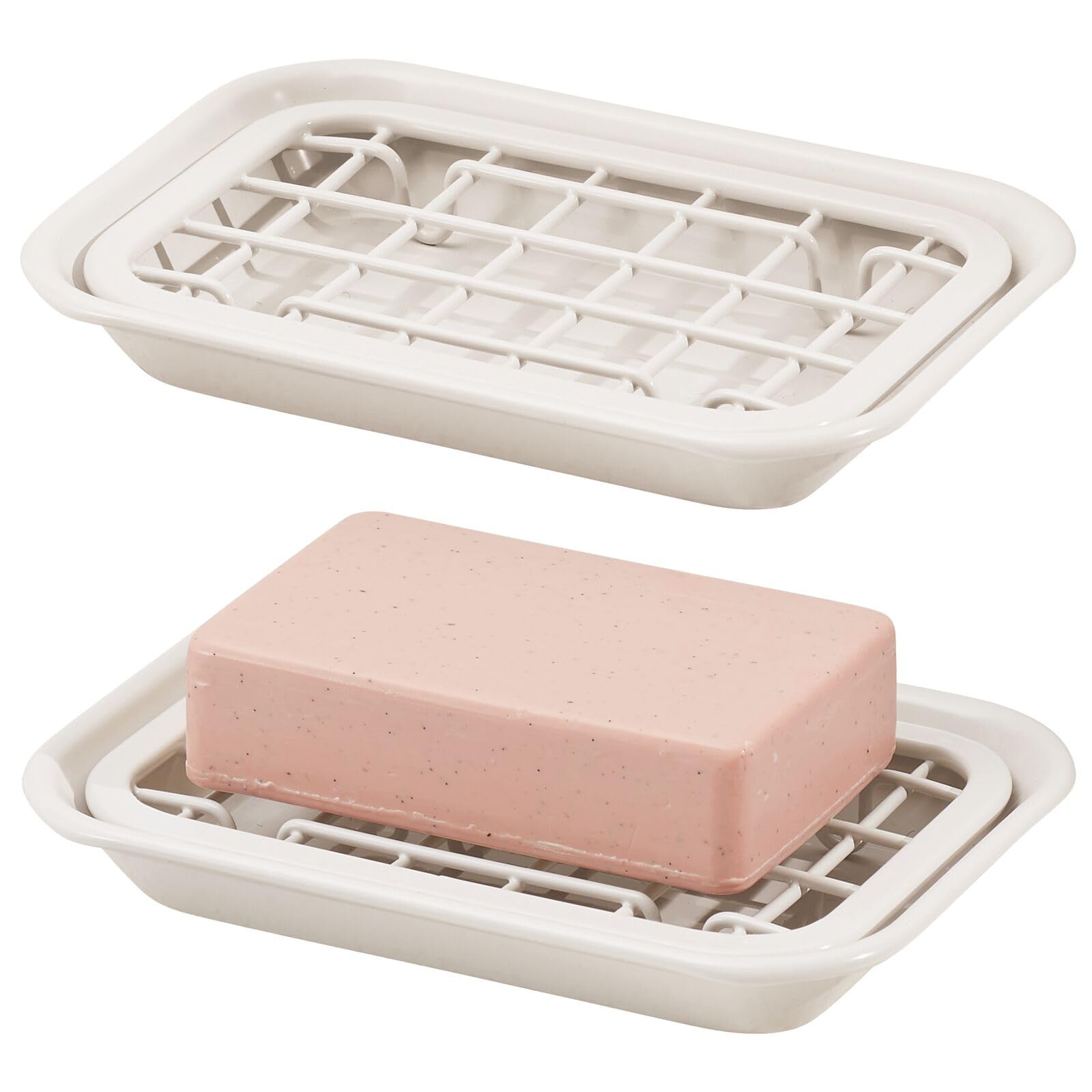 mDesign 2-Piece Soap Dish for Kitchen Sink - Bar of Soap Holder with Drainage Grate for Kitchen - Countertop Caddy Dish Rest for Scrubber, Sponge and Brushes - Unity Collection - 2 Pack, Cream