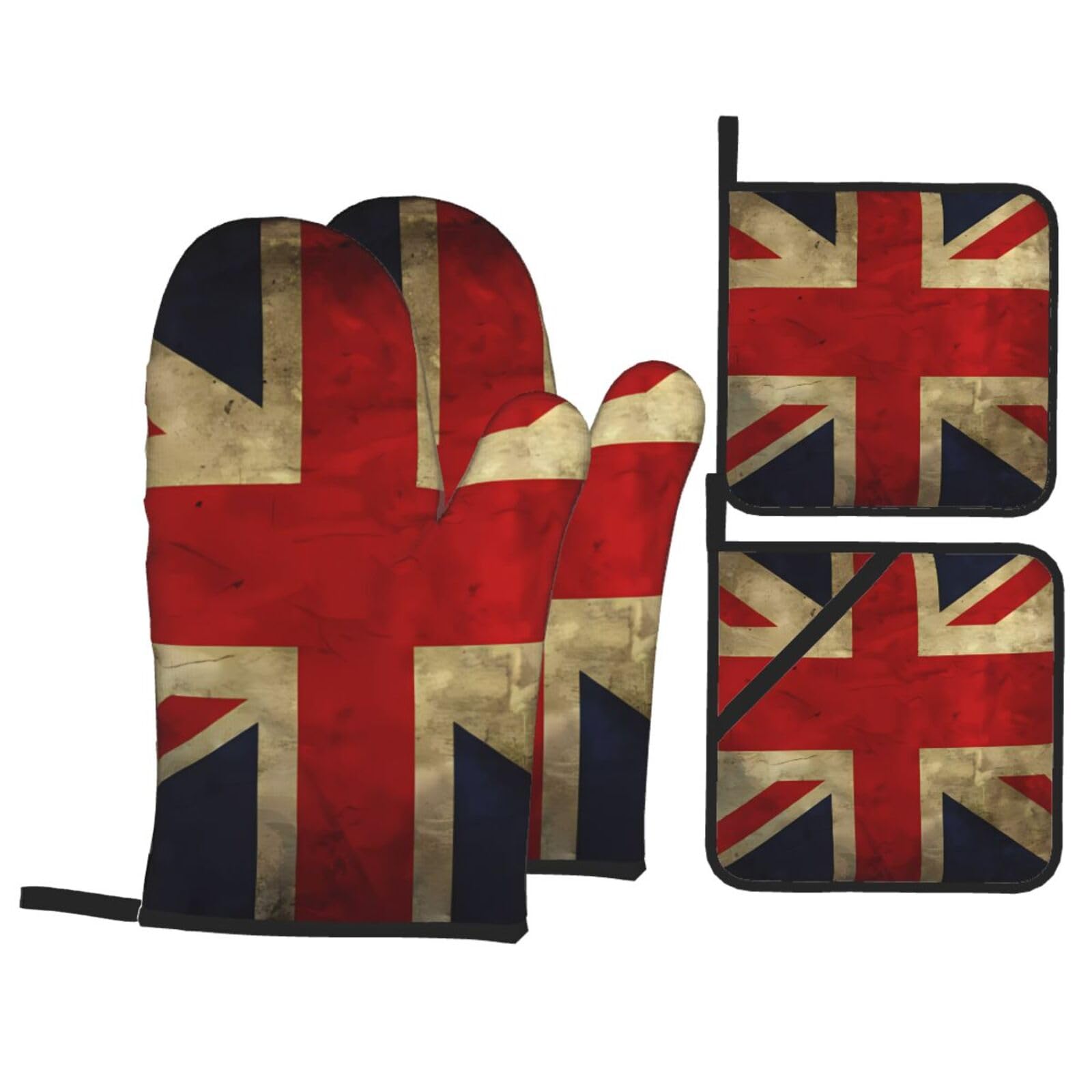 4 Piece Oven Mitts and Pot Holders Set Heat Resistant Oven Gloves and Potholders BBQ Gloves Hot Pads British Flag Cooking Gloves for Kitchen Baking Grilling