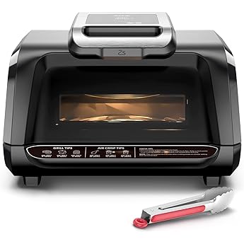 Indoor Grill Smokeless, Air Fryer Grill Combo with Adjustable Temperature to 450°F, Electric Grill with Viewing Window, Removable Nonstick Grate, Fast and Even Heating, 4Qt for Family, with Tongs