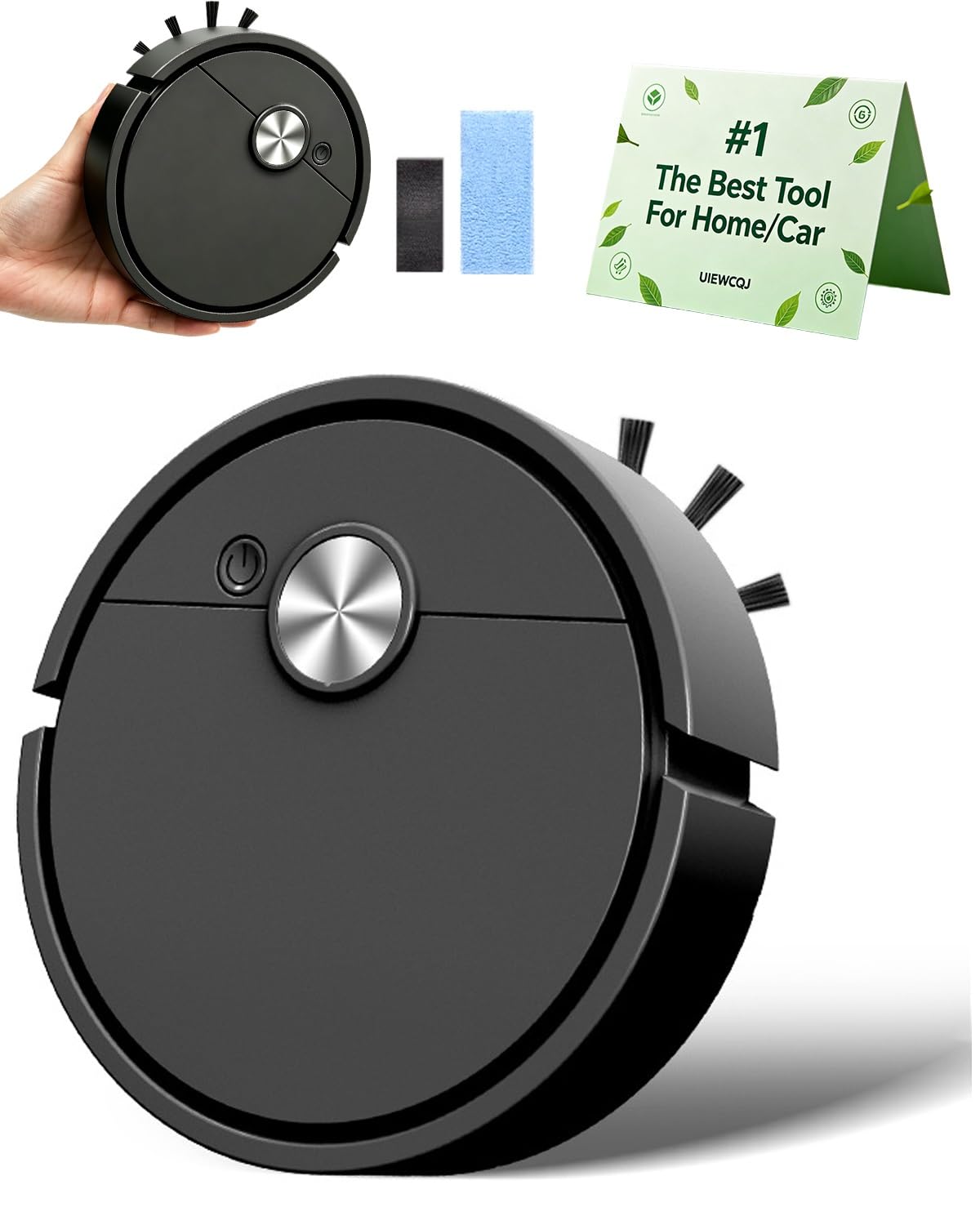 UIEWCQJ Mini Robot Vacuum for Car, Compact Mini Cleaner Sweeping Robot, 3 in 1 Rechargeable Multifunctional Smart Cleaning Machine with Wet Mopping for Hard Floors Pet Hair Carpets(Black-Battery)