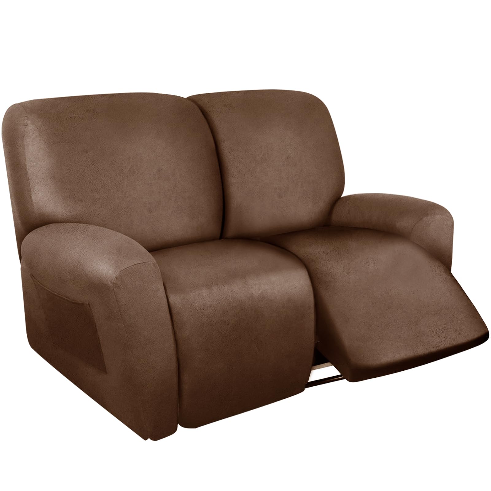 ANARACHON Loveseat Recliner Cover Leather Look Recliner Loveseat Covers Recliner Sofa Cover for 2 Seater Reclining Couch Spandex Fabric Washable 6 Pieces (2 Seater, 01 Brown)