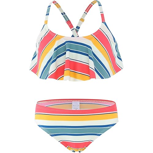 Girls Two Piece Bikini Swimsuits Striped Ruffle Swimwear Falbala Bathing Suit Set