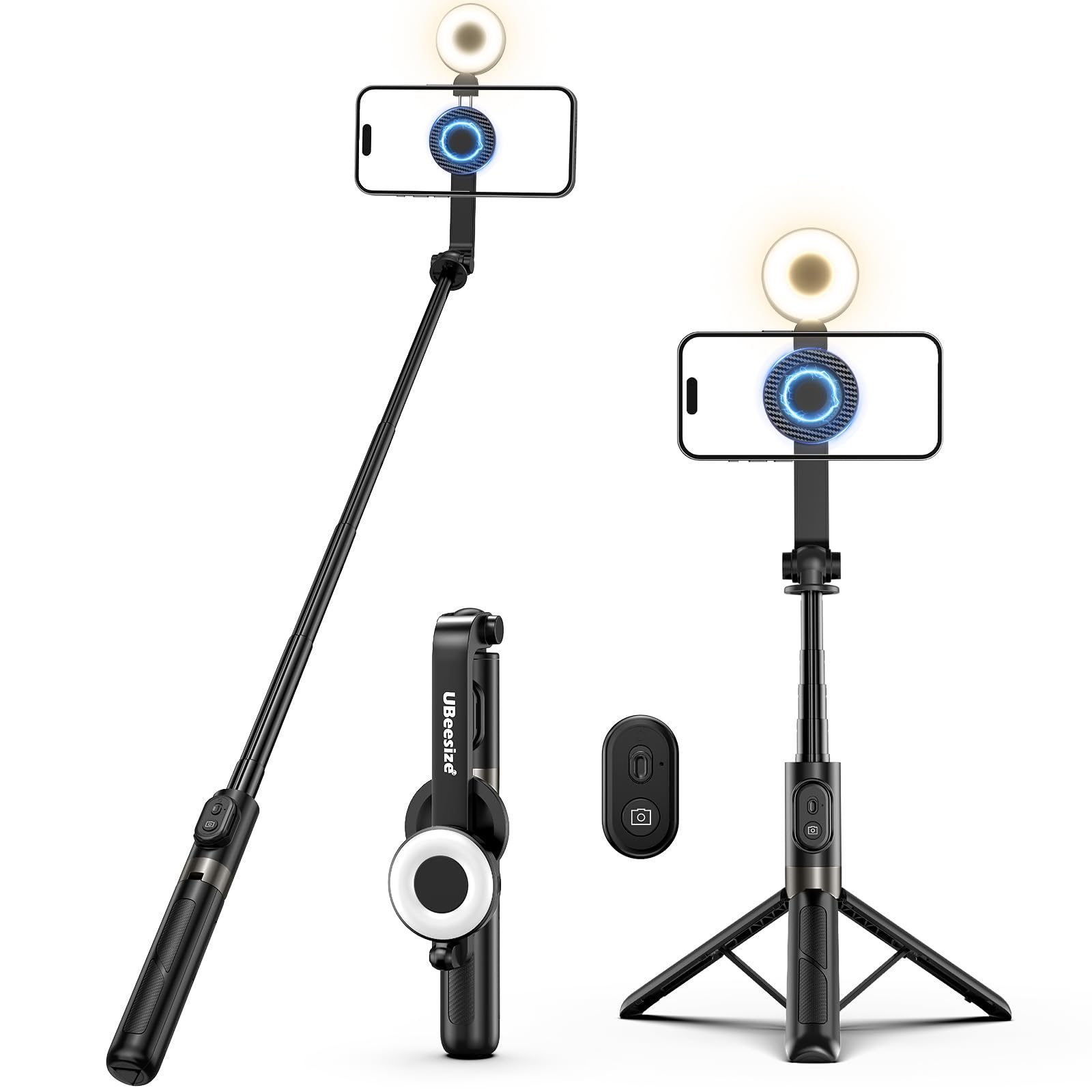 UBeesize Perche à Selfie magnétique avec lumière à intensité Variable et télécommande Rechargeable, trépied Portable de Voyage pour téléphone Portable MagSafe et téléphones Android, idéal pour