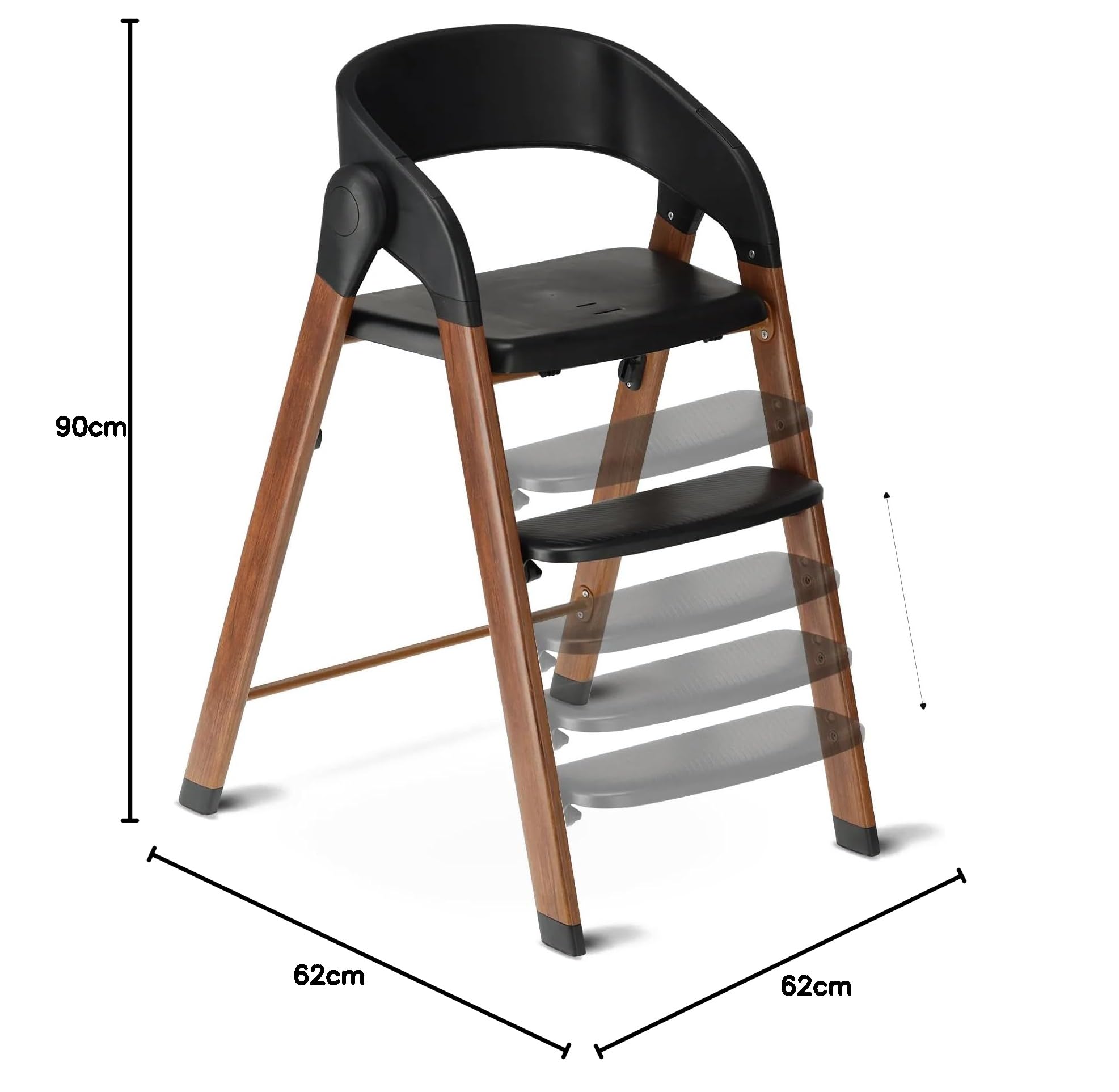 Deryan Seggiolone per bambini e bambini – Seggiolone pieghevole in legno – Include cintura a 5 punti – Regolabile in altezza e pieghevole – Include cintura di sicurezza e vassoio – Nero/Legno