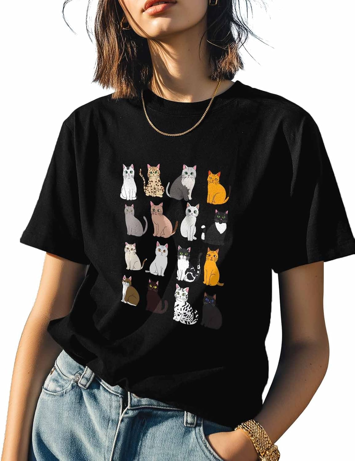T Shirts for Women Graphic Tees Cartoon Cat Crew Neck Short Sleeve Shirts for Women Cute Animal Casual T-Shirt