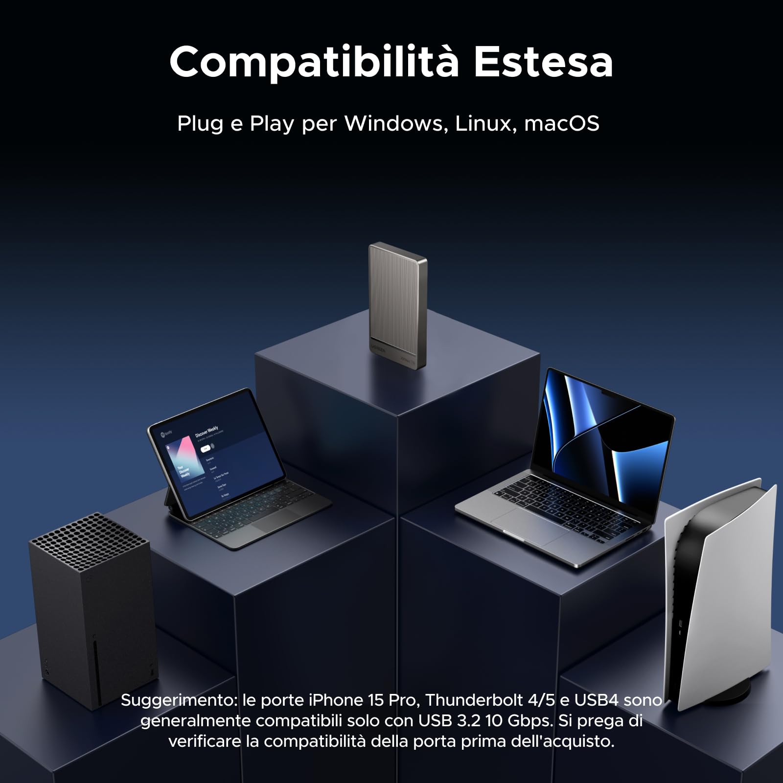 UGREEN SSD Extreme Portable 1TB Velocità di Trasmissione | 20Gbps USB 3.2 Gen 2Compatibile con Mac PC Telefono Playstation Xbox