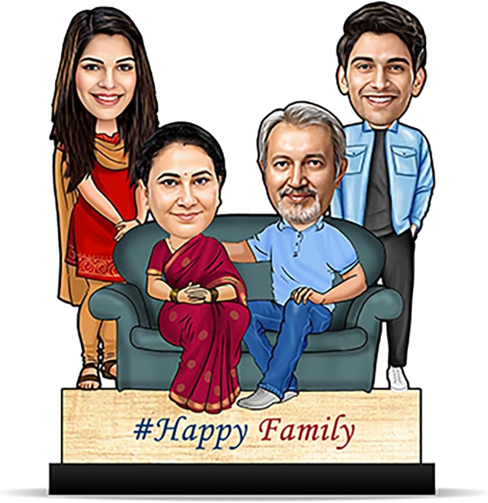 Personalized Caricature Gifts for Family of 4 Person Father Mother Son Daughter (Wooden_8 inch x 5 inch) CA0287