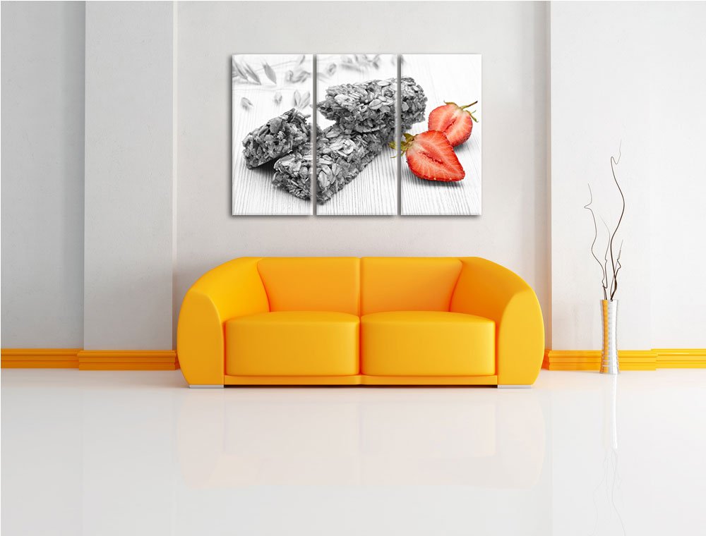 Pixxprint Bio Müsliriegel mit Erdbeere B&W, Leinwandbild 3 Teilig, Gesamtmaß: 120x80cm, Wandbild, Dekoration, fertig gespannt, Kein Poster