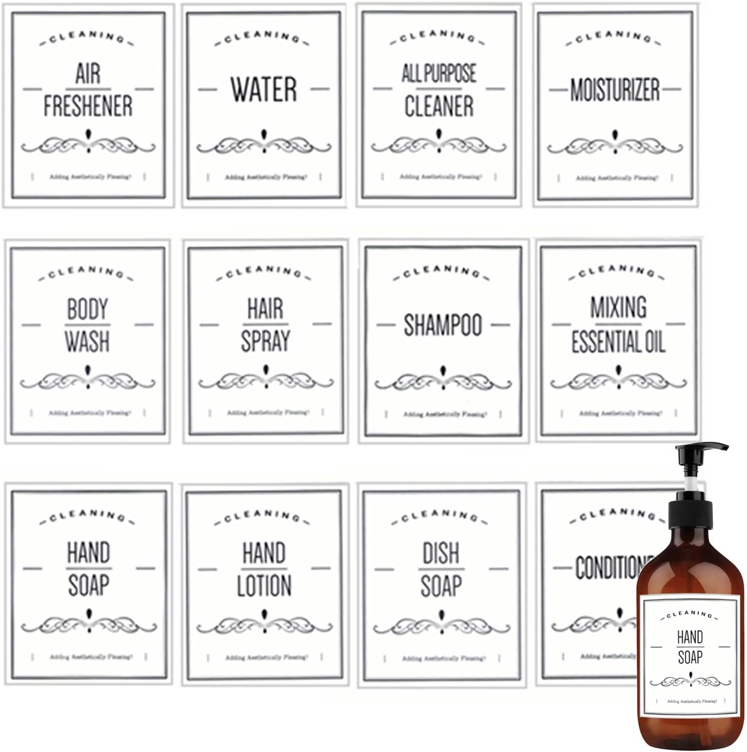 12 PCS Waterproof Labels for Bottles, Bathroom Hand Soap Shampoo and
