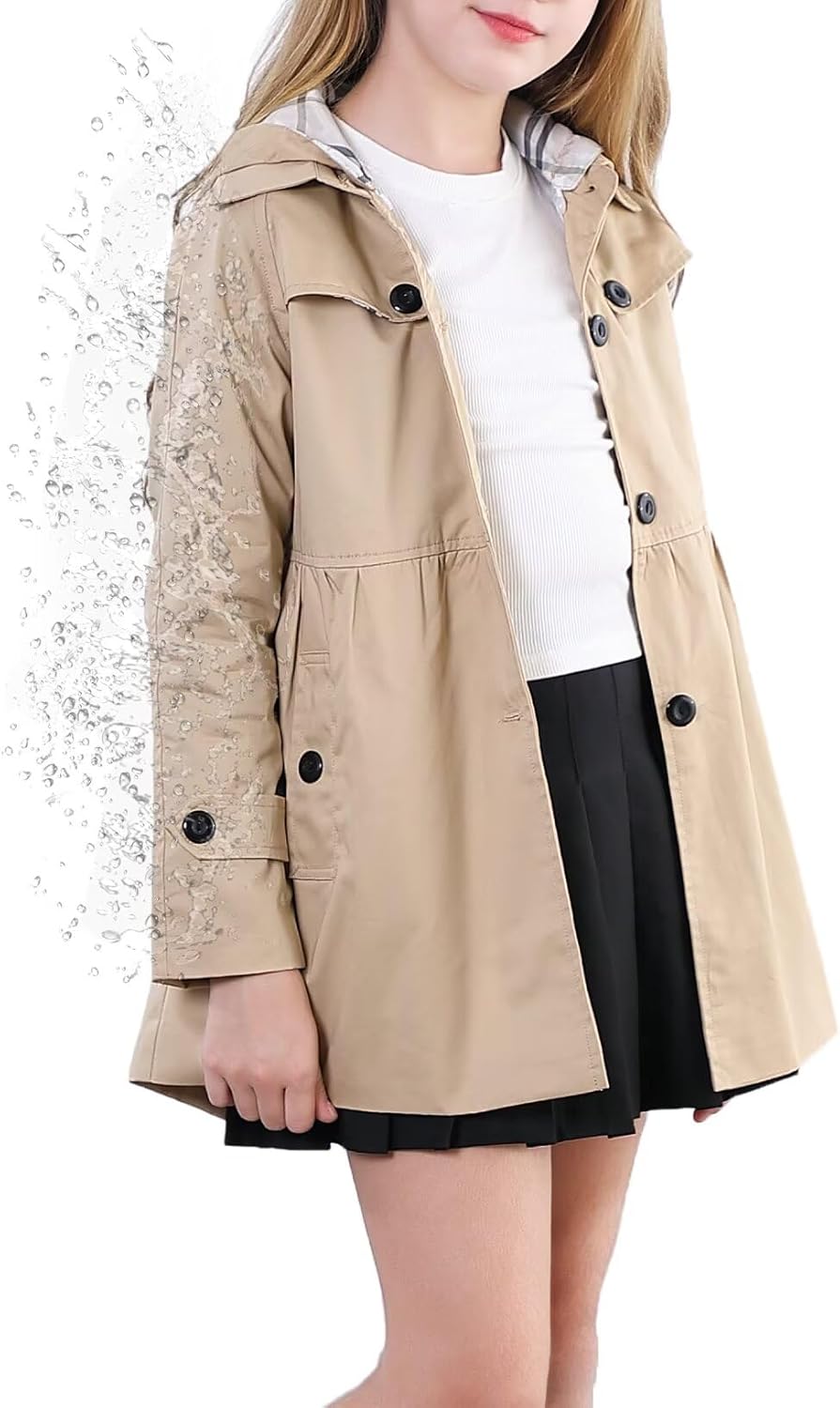 Cromoncent Girl's Waterproof Hoodie Trench Coat Cute Dress Coat Outerwear, 3-12 Years