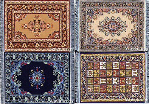 Set of 4 Dollhouse Rugs, Miniature Doll House Accessory, 6x4 Carpets, Rectangle, Kids Toy Furniture Carpeting Decor