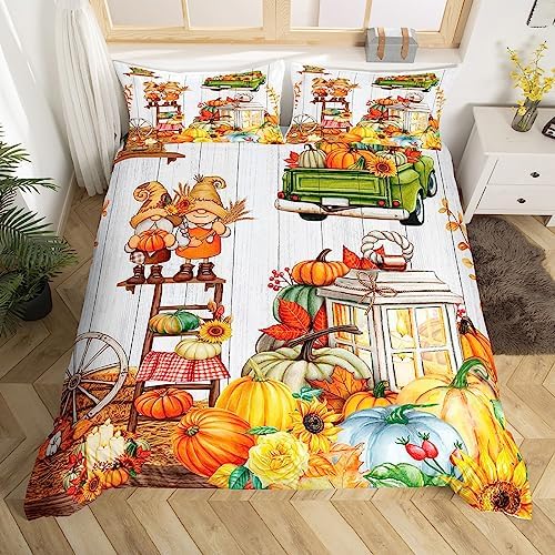 Happy Fall Y’all Bedding Set Queen Size, Fall Harvest Pumpkin Comforter Cover for Kids Toddler 0Fall LeavesHarvest Season Bedspread Cover Farmhouse Room Decor Breathable Quilt Cover