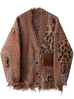 Women Leopard Patchwork Cardigans Long Sleeve Loose Burrs Edge Fall Winter Streetwear Sweaters Cardigans
