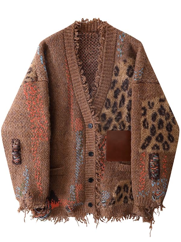 Women Leopard Patchwork Cardigans Long Sleeve Loose Burrs Edge Fall Winter Streetwear Sweaters Cardigans
