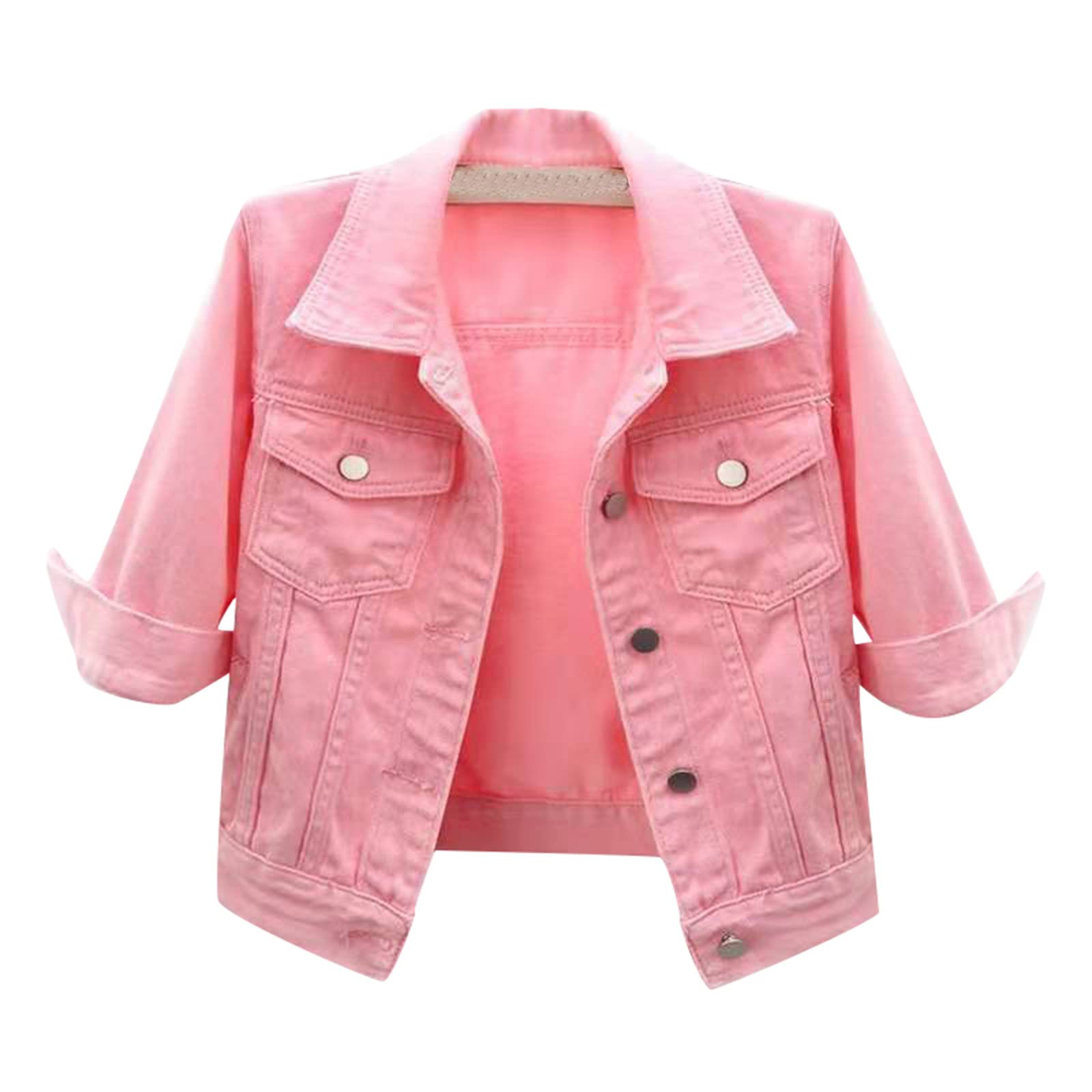 Jean Jacket Women 3/4 Sleeve Colored Petite Cropped Denim Jacket Trendy Light Wash Short Jean Jacket Trucker Coat