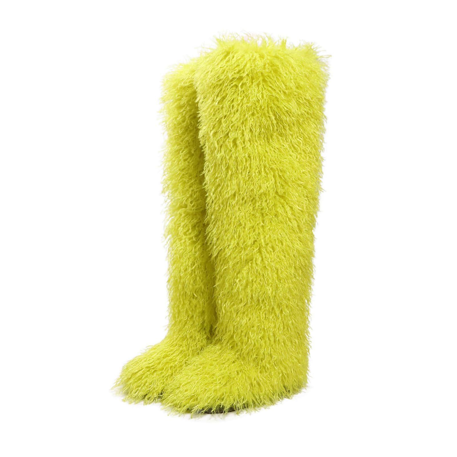 Black Thigh High Fur Boots, Over the Knee Fluffy High Boots, Tall Furry shoes for Women