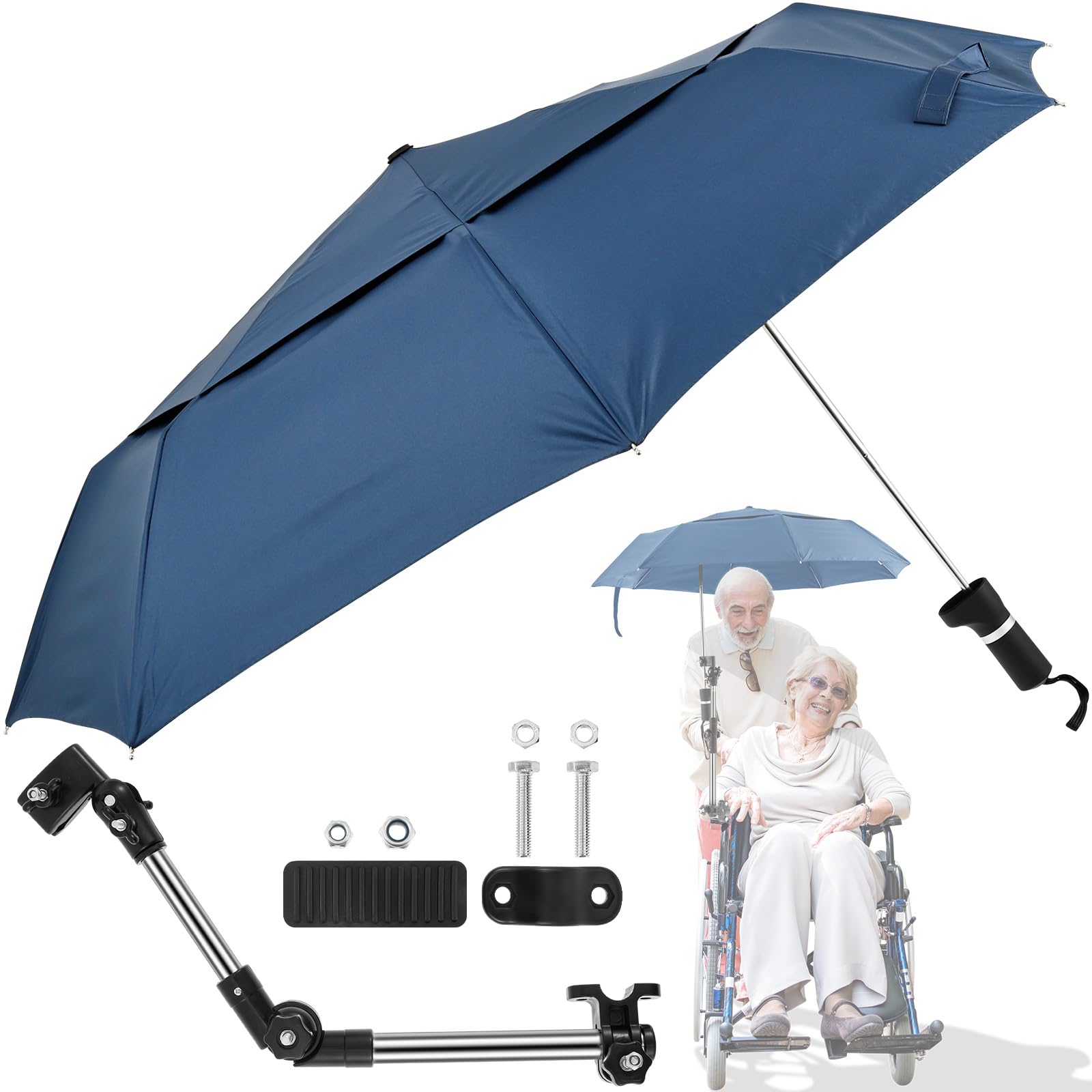 Rollstuhlschirm, 360° Verstellbarer Strandschirm mit Universalklemme, Faltbar Sonnenschutz Regenschutz,Wasserdicht Sonnenschirm,Regenschirm für Elektrische Rollstühle,für Terrasse und Strand