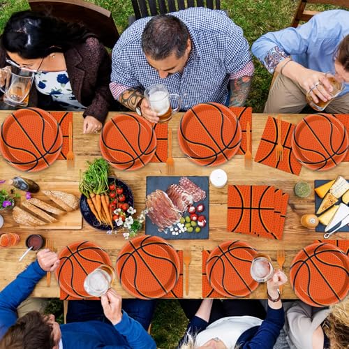 Image of 200 PCS Basketball Birthday Tableware Disposable Basketball Plates Napkins Party Supplies Sports Theme Dinnerware Set Basketballs Team Baby Shower Party Decoration Serve 50 guest