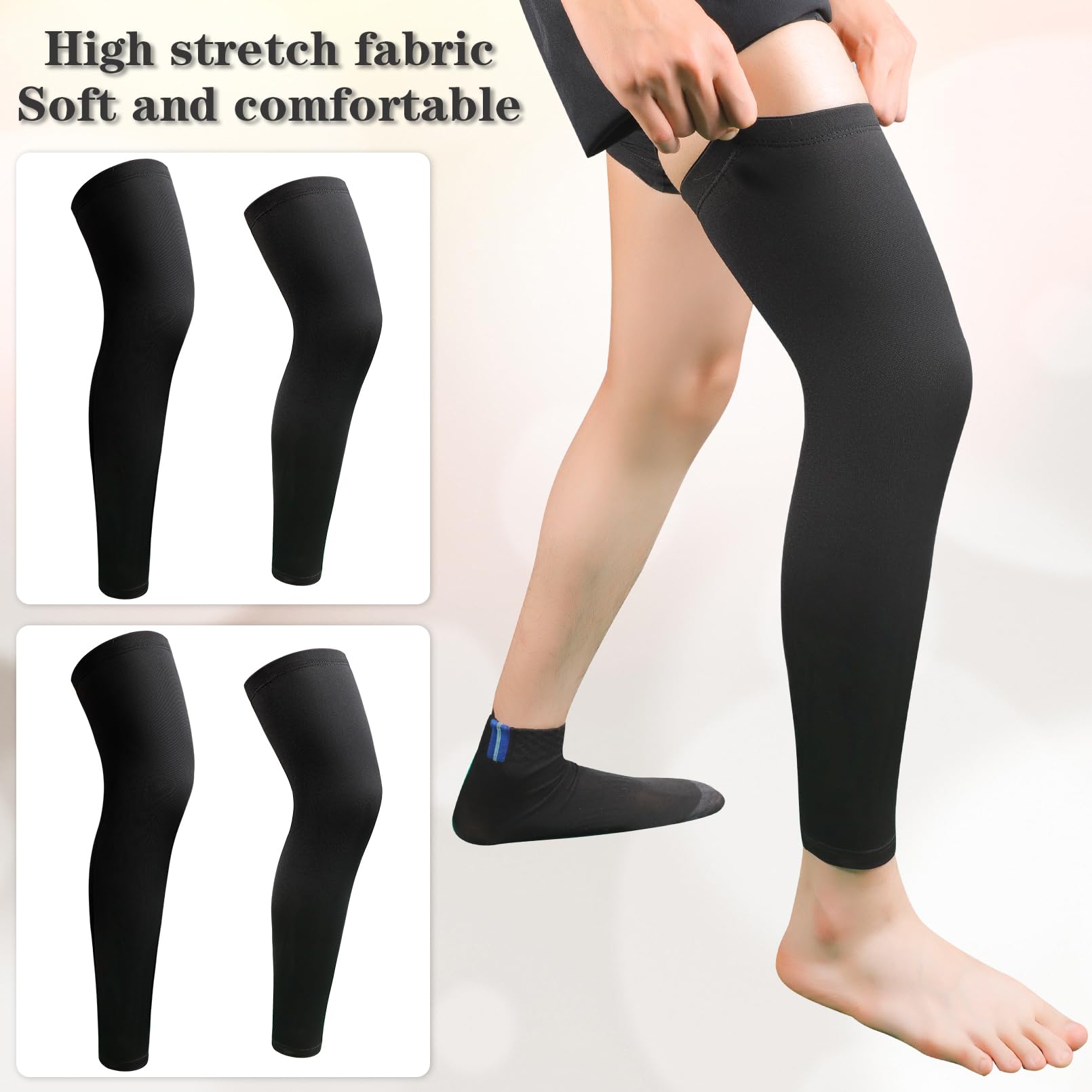 JEFHOMKIT 2Pairs Leg Sleeves, Full Leg Compression Sleeve, Long Knee Sleeve, Sports UV Long Leg Sleeves with Anti-slip Silicone Strips for Men Women Running Basketball Football