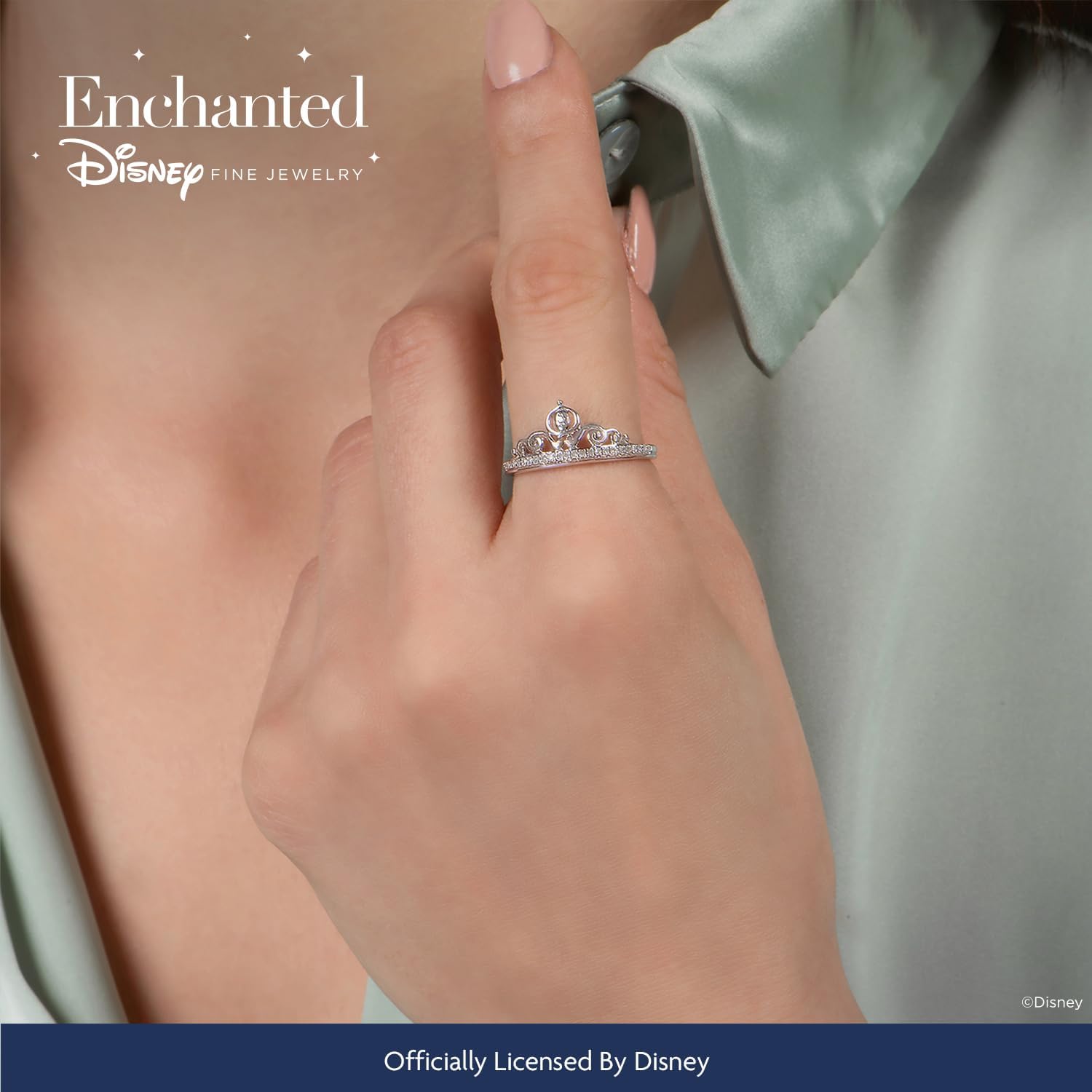 Jewelili Enchanted Disney Fine Jewelry Sterling Silver 1/10 Cttw Diamond Cinderella Carriage Ring.