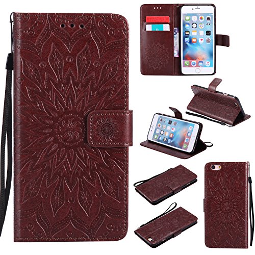 for iPhone 6 / 6S Wallet Case, (TM) Sun Pattern Embossed PU Leather Magnetic Flip Cover Card Holders & Hand Strap Wallet Purse Case for iPhone 6 / 6S [4.7 Inch] - Brown