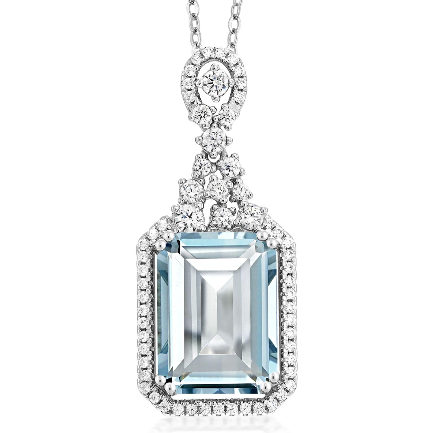 7.24 Cttw Sky Blue Simulated Aquamarine Necklace | 925 Sterling Silver | Emerald Cut 14X10MM | Pendant Necklace For Women | With 18 Inch Silver Chain