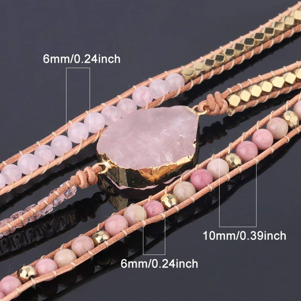 WJFGGXHK - Braccialetto da donna con pietra di quarzo rosa, lunghezza 6 mm, bracciale con pietra naturale rosa, bracciale in pelle di quarzo avvolgere gioielli con pietre rotonde di cristallo, idea regalo per ragazze