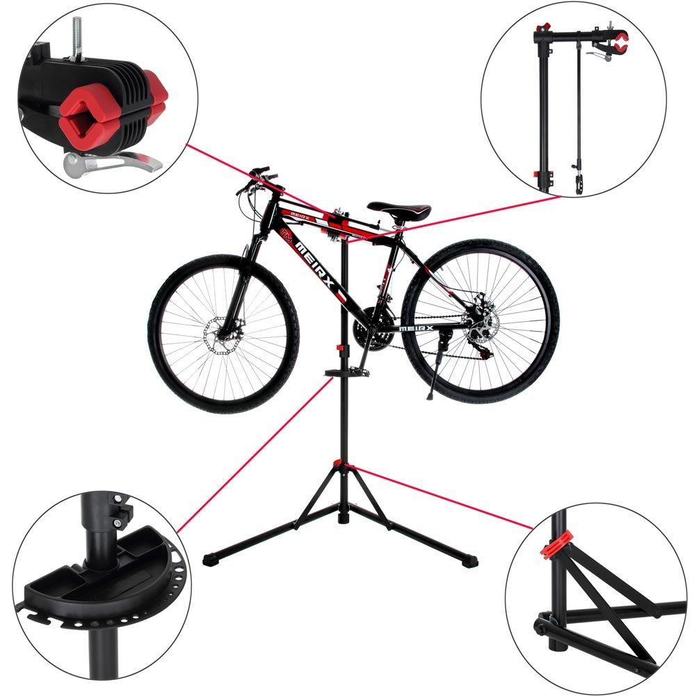 BAKAJI Unisex Schwerlast Fahrradmontageständer für Profis, Teleskopständer für Fahrräder, Montageständer mit magnetischer Werkzeugschale, Werkstatt, Garage, tragbar, Schwarz, 103 x 72 x 110/159 cm