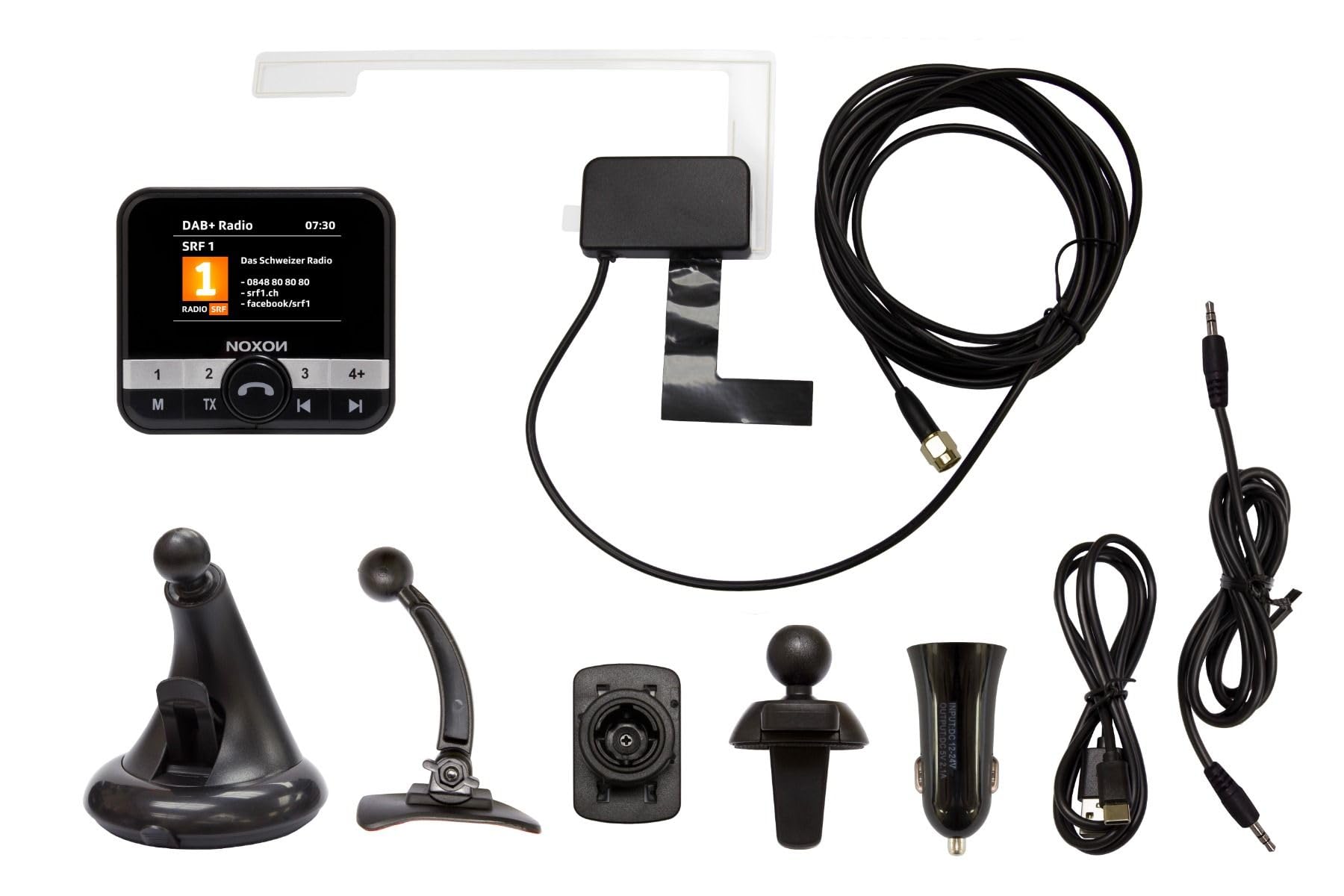 Noxon Road 4 - Adattatore DAB+ per auto, Bluetooth e vivavoce, trasmettitore FM, Line Out, Aux In, grande display a colori, antenna DAB+ attiva