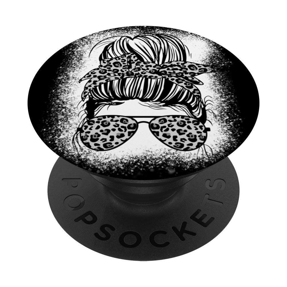 Black and White Leopard Mom Life Messy Bun Women PopSockets Adhesive PopGrip