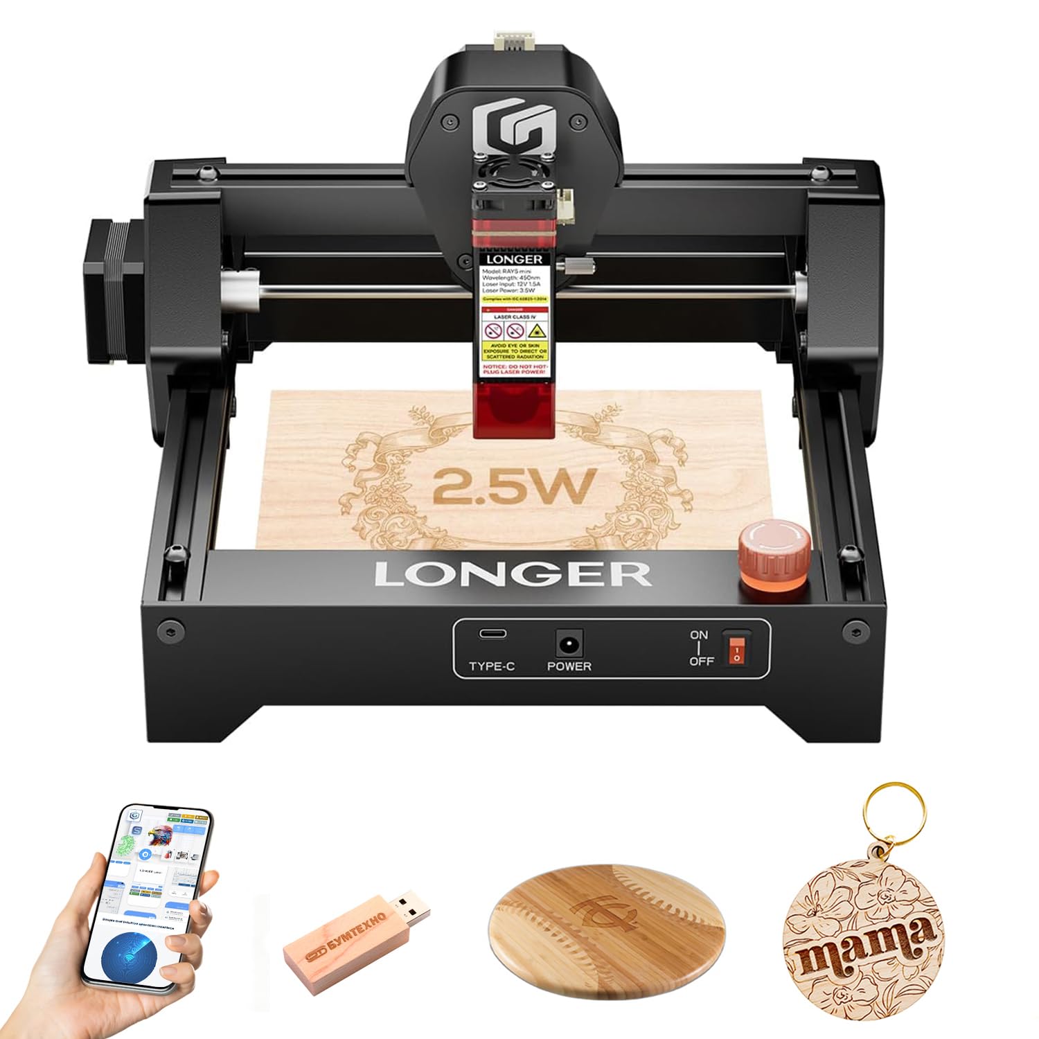 LONGER RAY5 Mini 2,5W tragbare Laser Gravur & Schneidmaschine - 12000 mm/min Schnittgeschwindigkeit - für Holz, Acryl, Leder - WiFi, Not-Aus - 130x140mm Arbeitsbereich