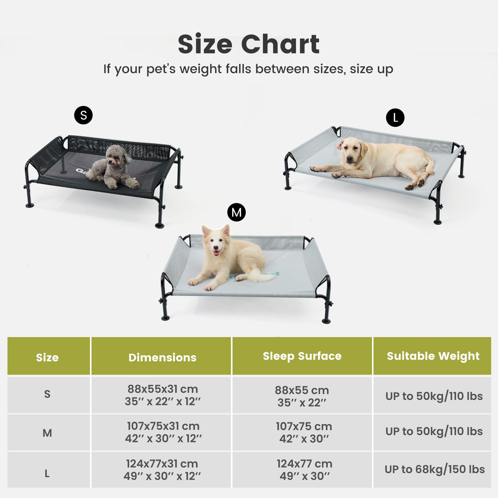 Gardner Pet Cama Elevada para Perros Medianos y Grandes, Cama Transpirable para Interior y Exterior con Malla Lavable, Estructura Metálica Robusta, Tamaño S,Gris