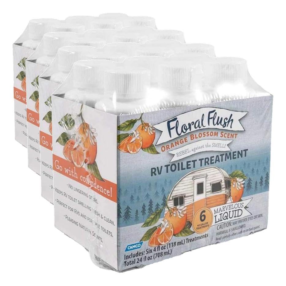 Image of Camco 41481 Floral Flush RV Toilet Treatment Singles, Orange Blossom Scent - Eliminates Odors and Breaks Down Waste - Each Bottle Treats Up to 40-gallons - Contains (6) 4 oz. Bottles (Pack of 4)