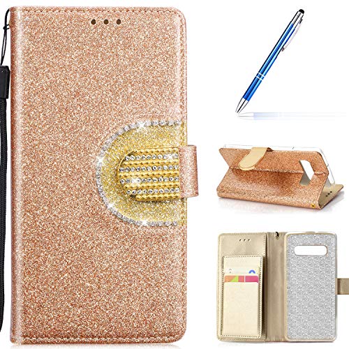Robinsoni Case Compatible with Samsung Galaxy S10 Plus Phone Case Wallet Leather Phone Cover Book Style Cover Kickstand Case Folio Flip Phone Cover Shockproof Heavy Duty Case Sparkle Bling Case Gold