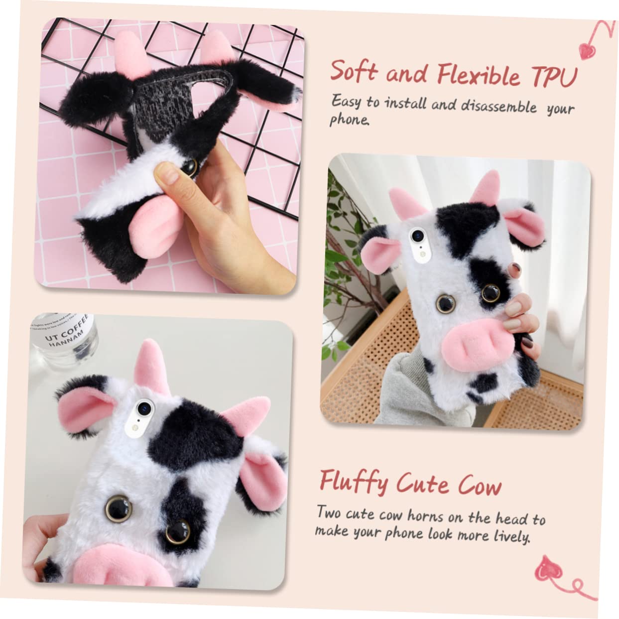 jojofuny 3piezas Funda De Teléfono De Vaca De Peluche para Suave y Duradera Protección contra Golpes y Arañazos Diseño Antideslizante Acceso Fácil Puertos y Botones