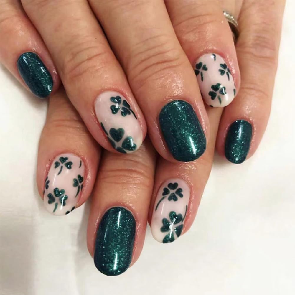 Hrnsnails St Patricks Day Nails - Green Glitter Press On Nails Short Squoval Fake Nails with Green Shamrock Design, Artificial Nails Stick On Nails