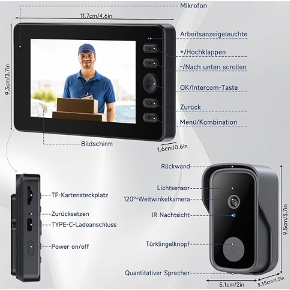 HpLive Video Türsprechanlage 4.3 Zoll 170° Weitwinkel Nachtsicht