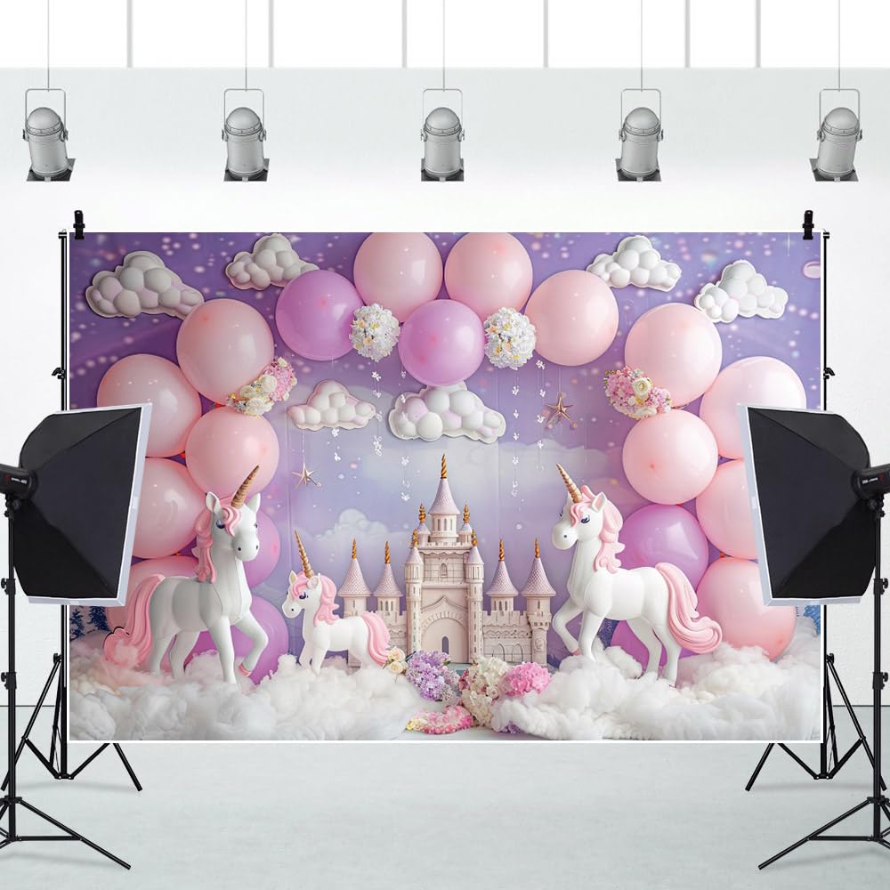 6x3m Unicorno Compleanno Sfondo Castello Rosa Viola Palloncino Ragazza Bambino Doccia Fotografia Sfondo Bianco Cotone Nuvola Fiore Neonato Festa di Compleanno Decorazioni Banner