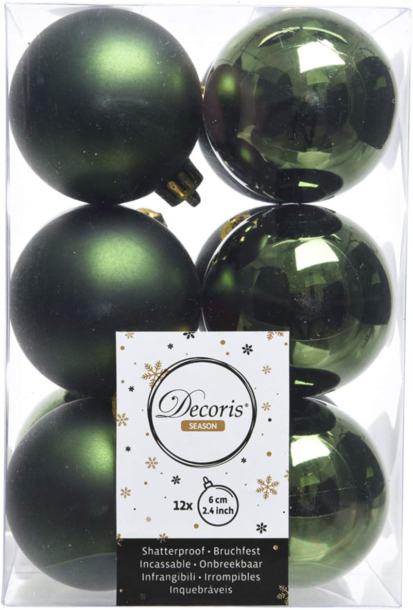 Decoris Pack of 12 6cm Pine Green Shatteproof Baubles