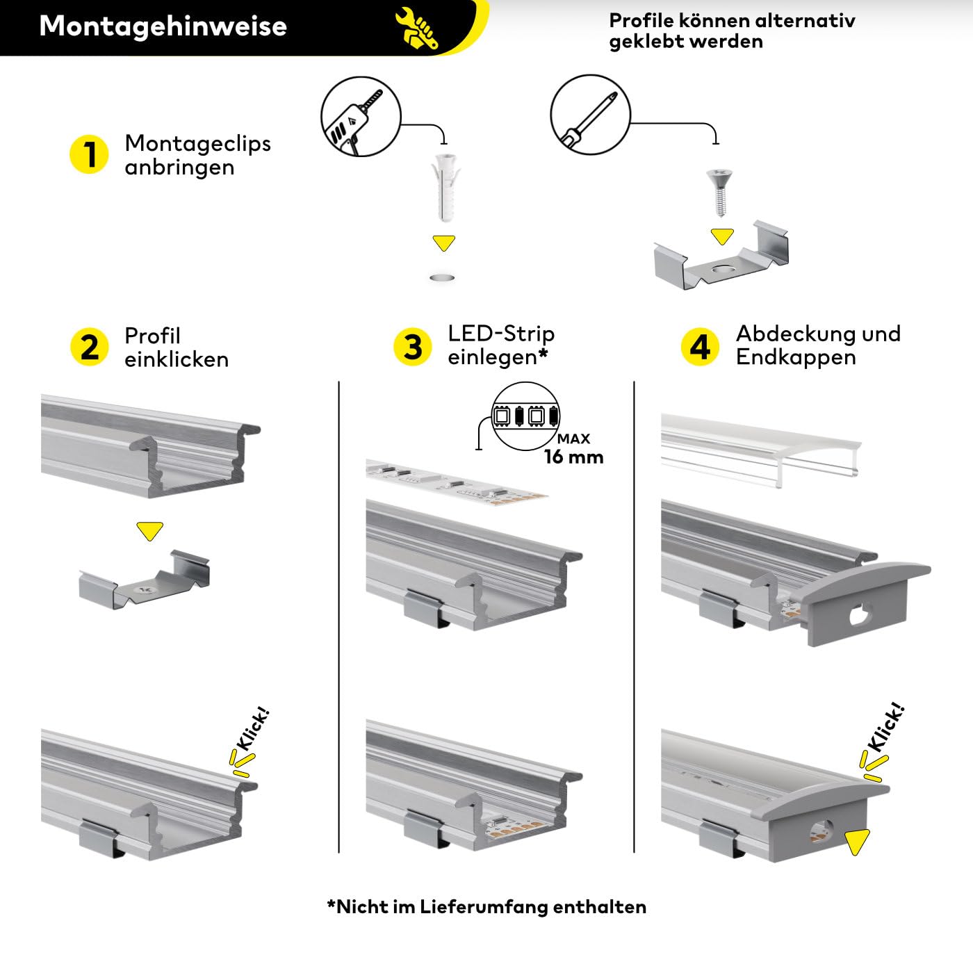 Anodowany profil aluminiowy LED, 150 cm, profil do zabudowy, przezroczysta osłona, do taśm LED 16 mm, kompatybilny z Philips Hue, 1,5 m, Ems