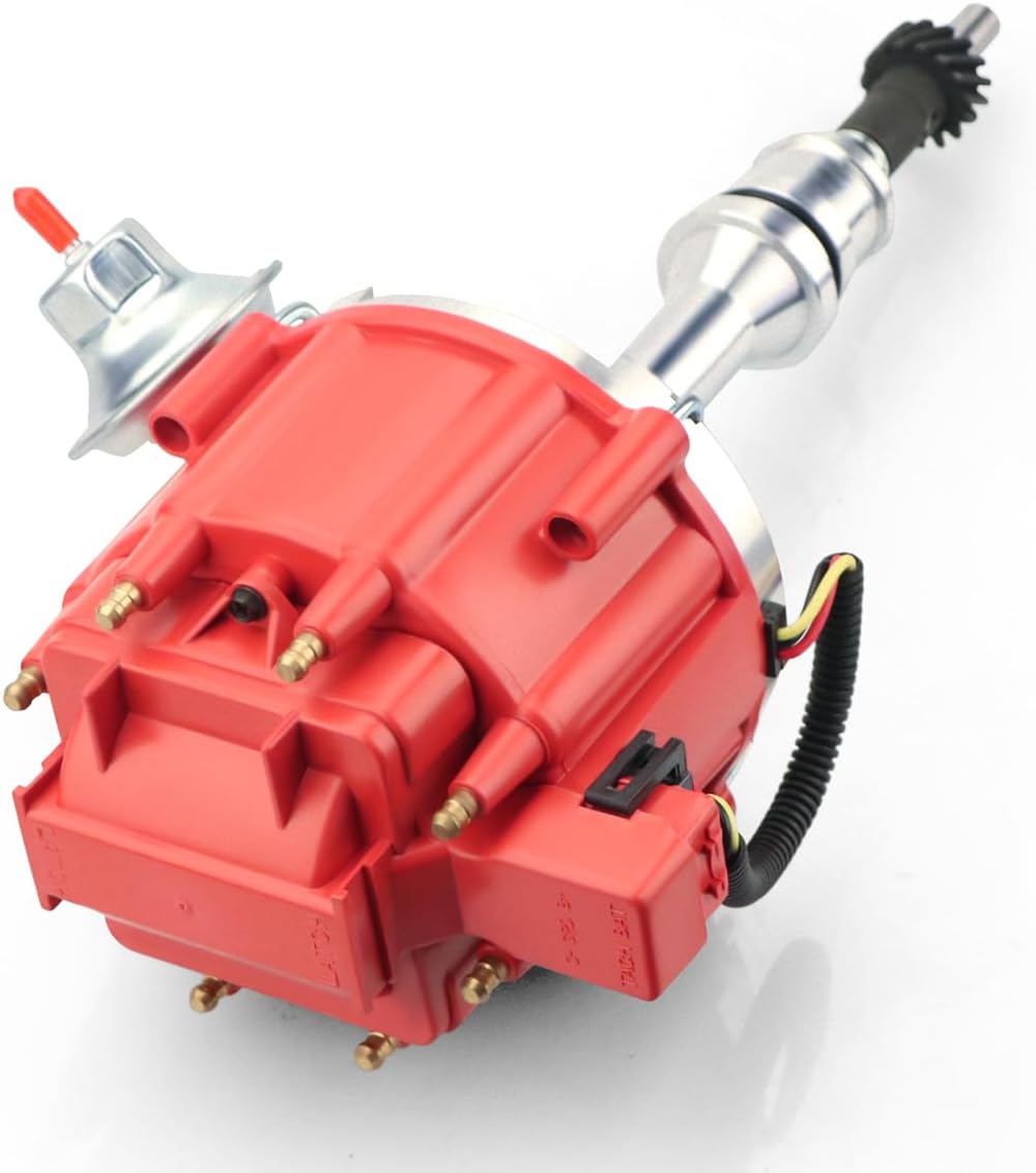 MAS Premium HEI Ignition Distributor 65K Volt with Performance Spark Plug Wires & Free Pigtail Battery Wiring Harness Compatible with SBF Ford Small Block 260 289 302 1030213 PE330U（Red Racing Kit）