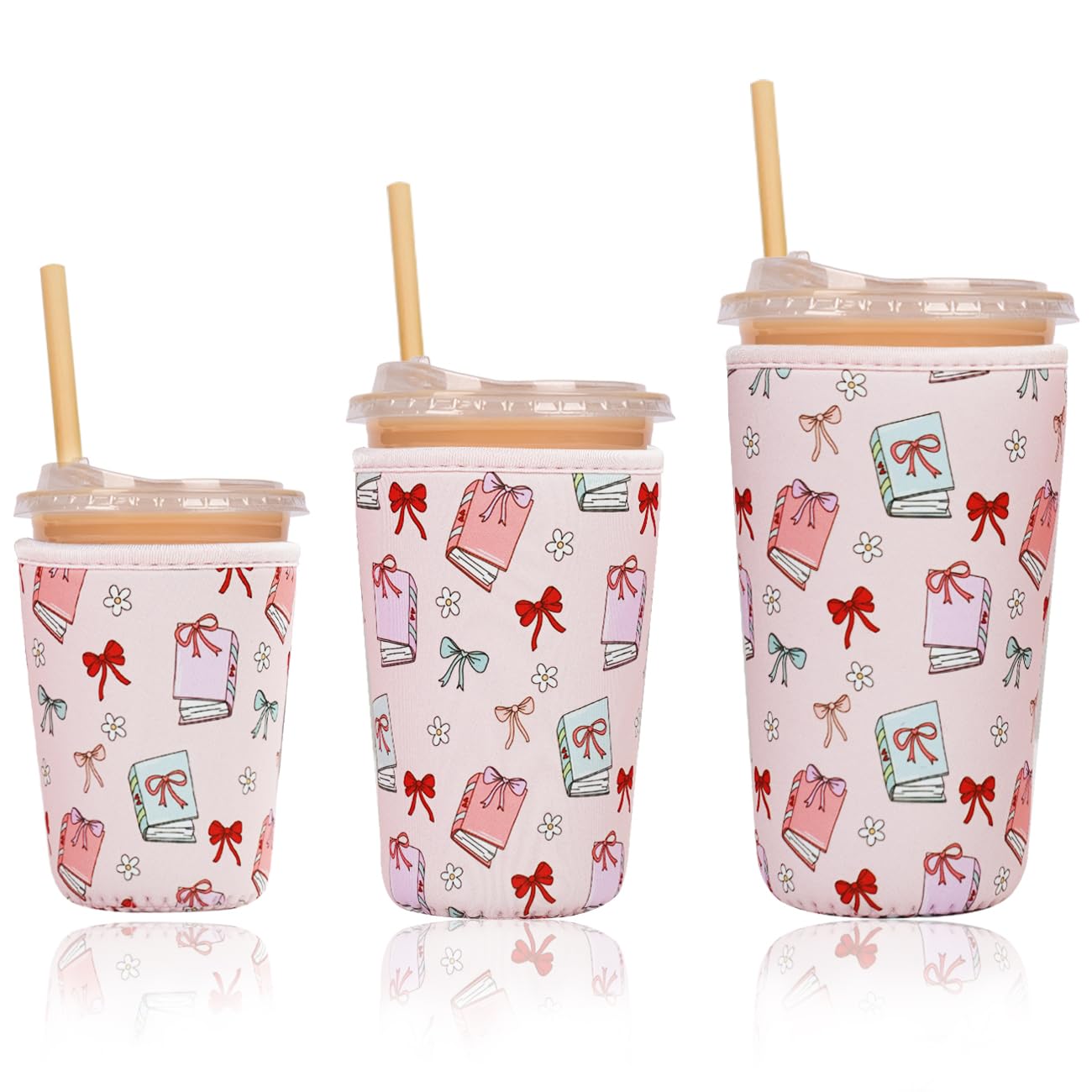Reusable Insulated Sleeve for Iced Coffee Cup, 3-Pack Coffee Neoprene Drink Sleeve for Cold &amp; Hot Drinks, Beverage Holder for Iced Coffee (Cozy Read)