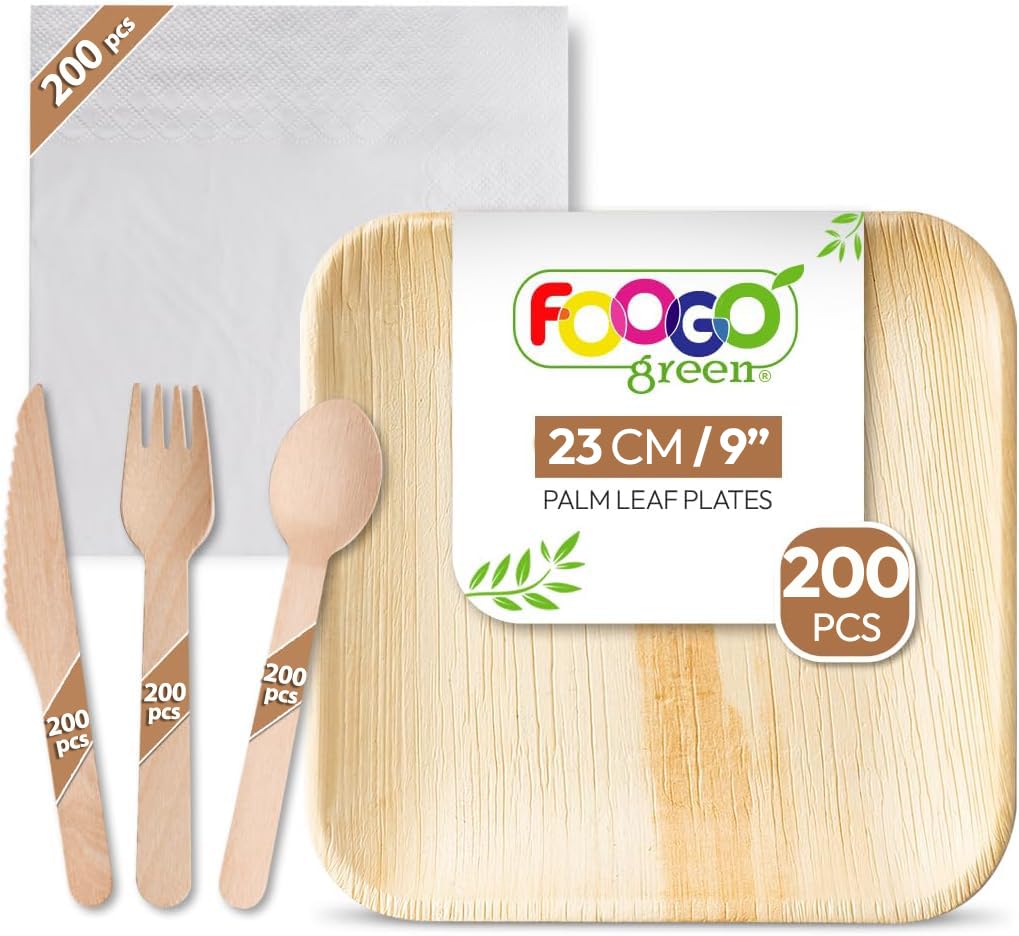 FOOGO Green Palm Leaf Plates - 1000pcs Set, FSC Certified, Wooden Cutlery Set & White Napkins, Eco-Friendly Square Plates, Forks, Knives, Spoons & Napkins