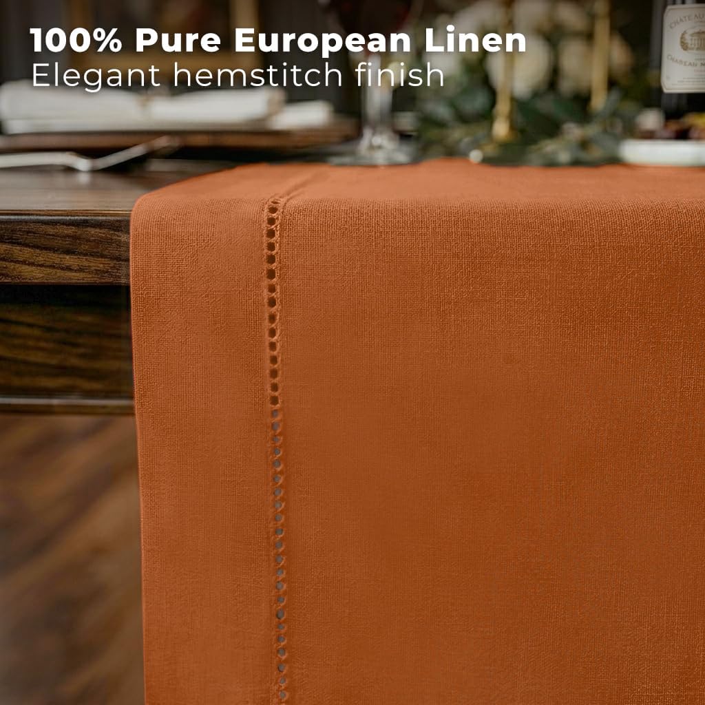 Signature Linen™ by D'Moksha Rust Table Runner 108 Inches Long, 100% Pure Linen, Hemstitch, 14 x 108 Inch Table Runner for Dresser, Dining- Mothers Day, Spring, Summer