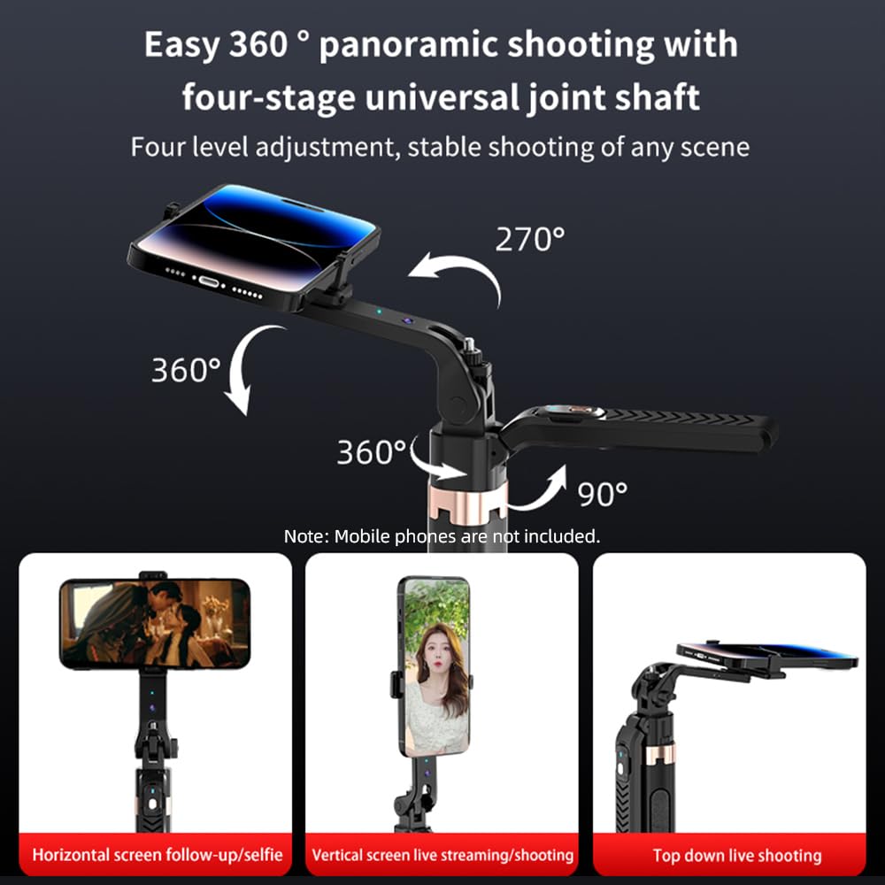 Hanzete - Bastone per selfie multifunzione 3 in 1 da 70,8 pollici, stabilizzatore cardanico con supporto asta telescopica in lega di alluminio, riconoscimento facciale anti-agitazione, controllo dei