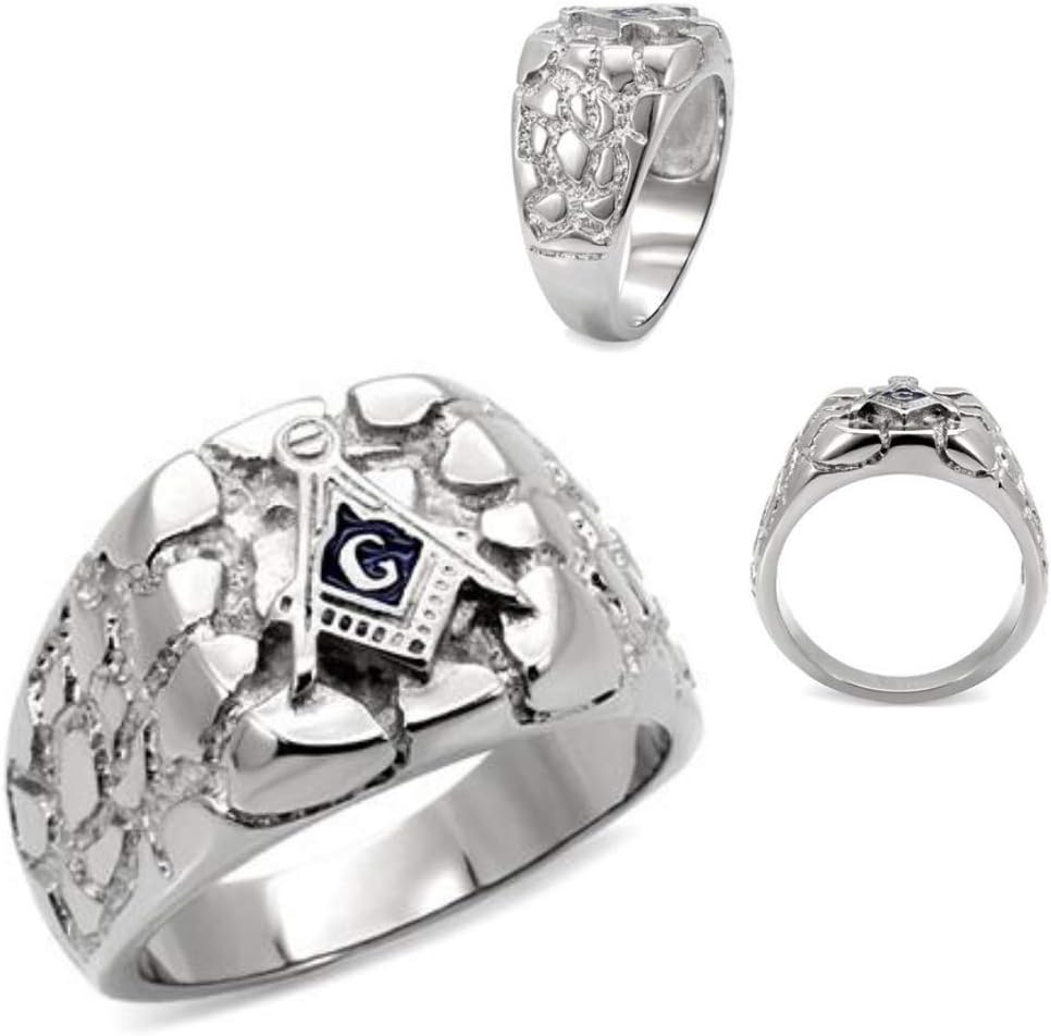 Eternal Sparkles Men's Textured Masonic Lodge Freemason Signet Nugget Ring in Hypoallergenic Silvertone Stainless Steel Ornate Statement Ring